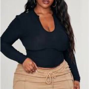 Pretty Little Thing plus black soft touch v neck long sleeve